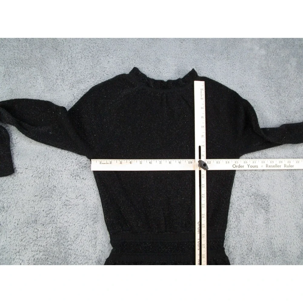 Tory Burch Black Metallic Knit Dress Ruffle Neck Long Sleeve Wool Blend XS 31060